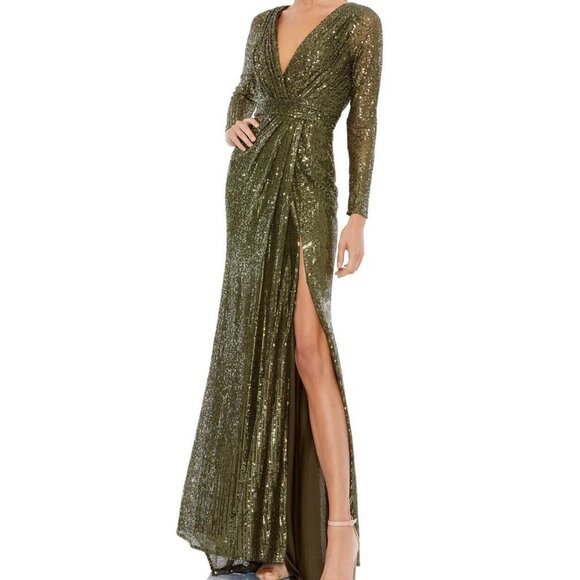 Mac Duggal Olive Green Long Sleeve Sequin Faux Wrap Gown